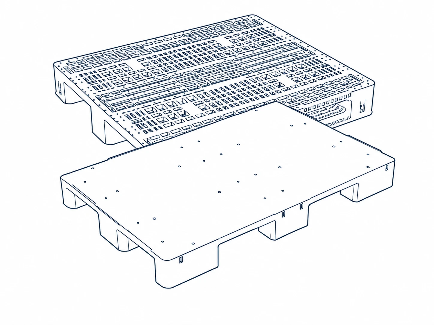 Line illustration of two supplied plastic pallets: an open-grid deck behind a flat deck